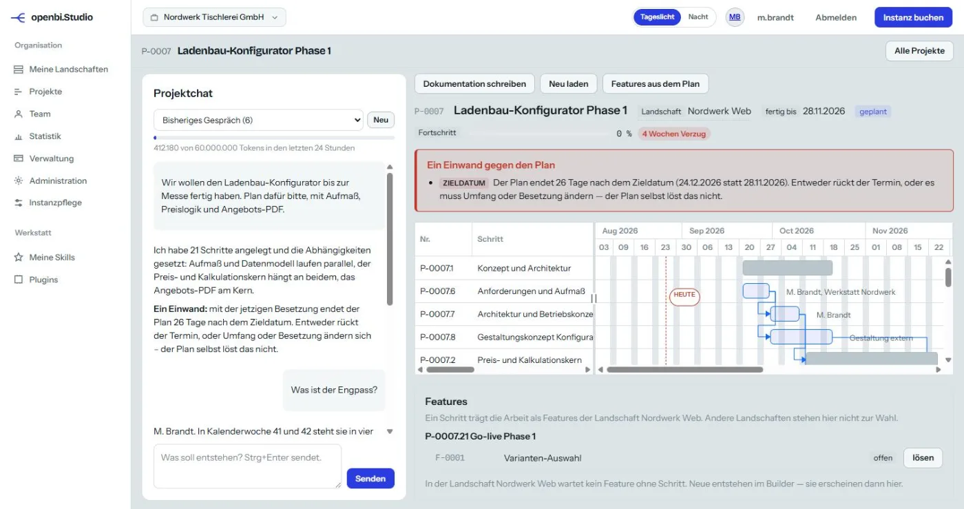 Ein Projekt in openbi Studio: links das Gespräch, rechts Balkenplan mit Abhängigkeiten und ein Einwand gegen den Termin.